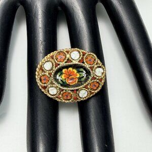 Vintage Micro Mosaic Floral Oval Brooch Pin Gold Tone Italian 1”